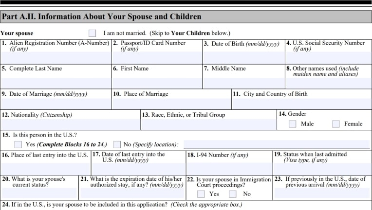 Информация о супруге и детях форма I-589
